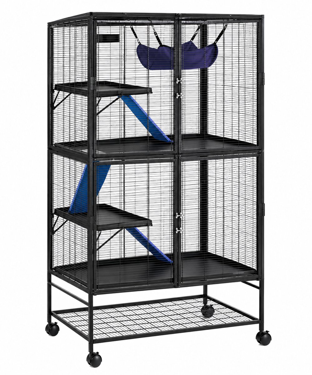 VILIMA - Rattenkooi - Chinchillakooi - Huisvesting voor ratten en chinchilla's - Meerdere verdiepingen - 92x58x164 cm - Zwart