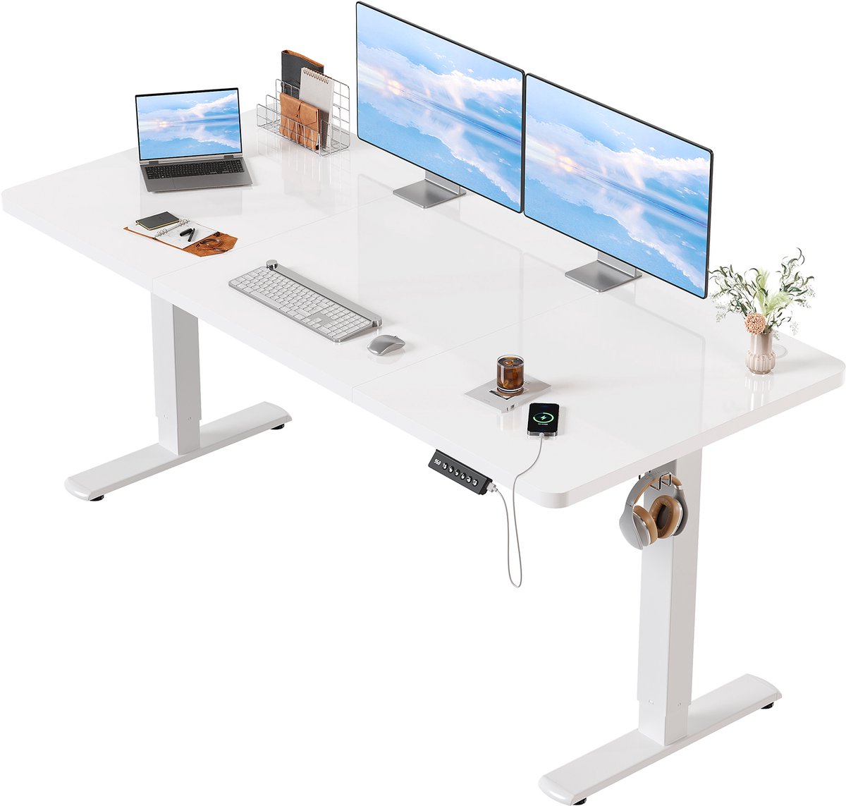 Devoko Elektrisch Zit-Sta Bureau 160x70 cm - E0 Tafelblad - Zit-herinnering - 2 Geheugenstanden - Digitaal Display - Wit frame met wit blad