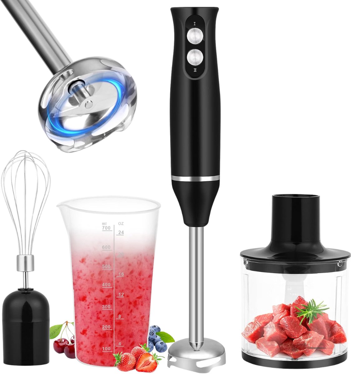 Verte - Staafmixer - 4-In-1 Elektrische Staafmixer - 500 W - Pureerpot Met 2 Snelheden - Staafmixer - Roestvrij Staal - Garde - Hakkom Van 500 Ml - Maatbeker Van 700 Ml - Voor Babyvoeding - Soepen En Smoothies