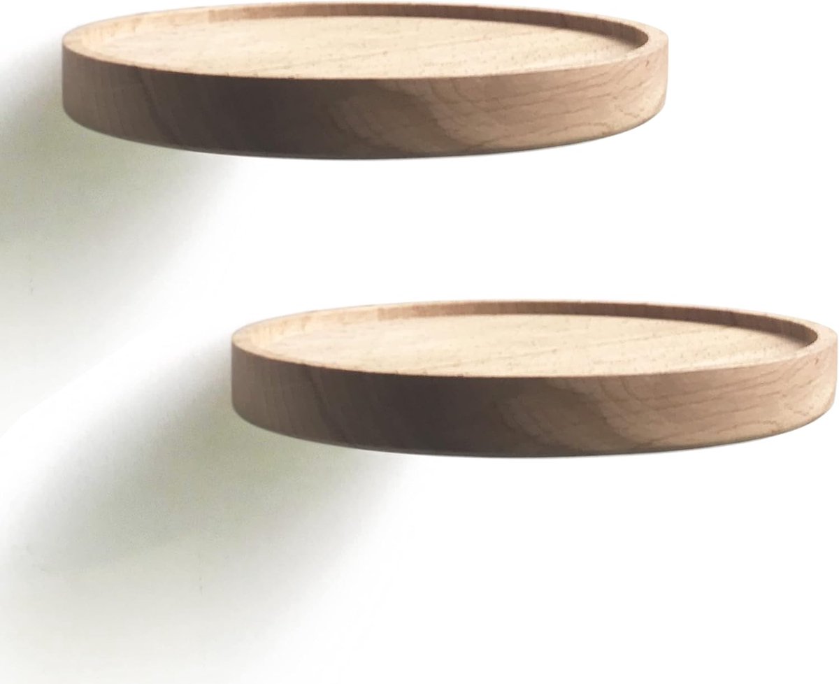 SnelShoppen - Set van 2 Coracle Kleine Wandplank Rond Hout Ø18cm | Handgemaakte Beukenhouten Zwevende Plank voor Planten, Kaarsen, Speakers, Nachtkast