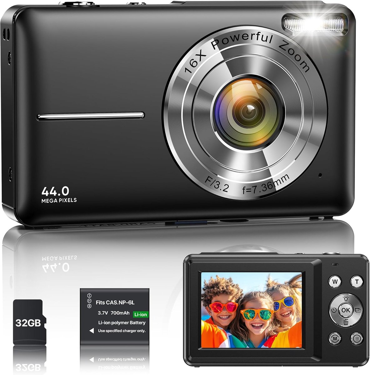 SnelShoppen - Digitale Camera 1080P 44MP Vloggingcamera voor Kinderen en Adolescenten, Compact en Draagbaar met 2,4" Scherm, 16X Zoom, Mini Anti-shock