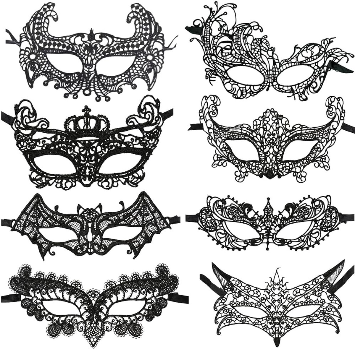Lace mask zwart - 8 stuks - sexy kant - perfect voor carnaval en Halloween - ShopVlot