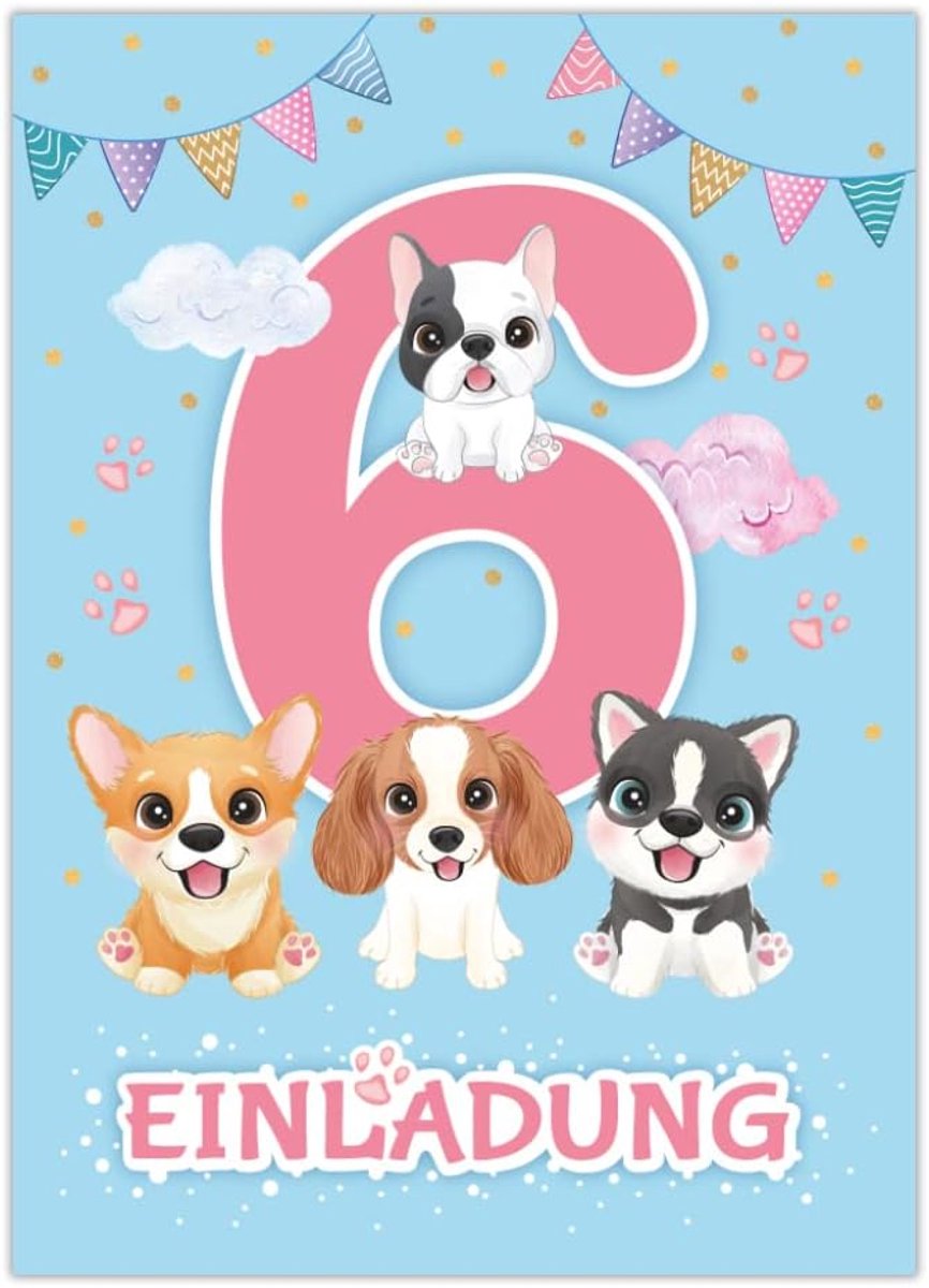 SnelShoppen - 12 Uitnodigingskaarten 6e Kinderverjaardag Meisjes - Honden Thema - A6 Formaat - Sterke UV-Gecoate Kaarten - Leuke Feestuitnodigingen vo