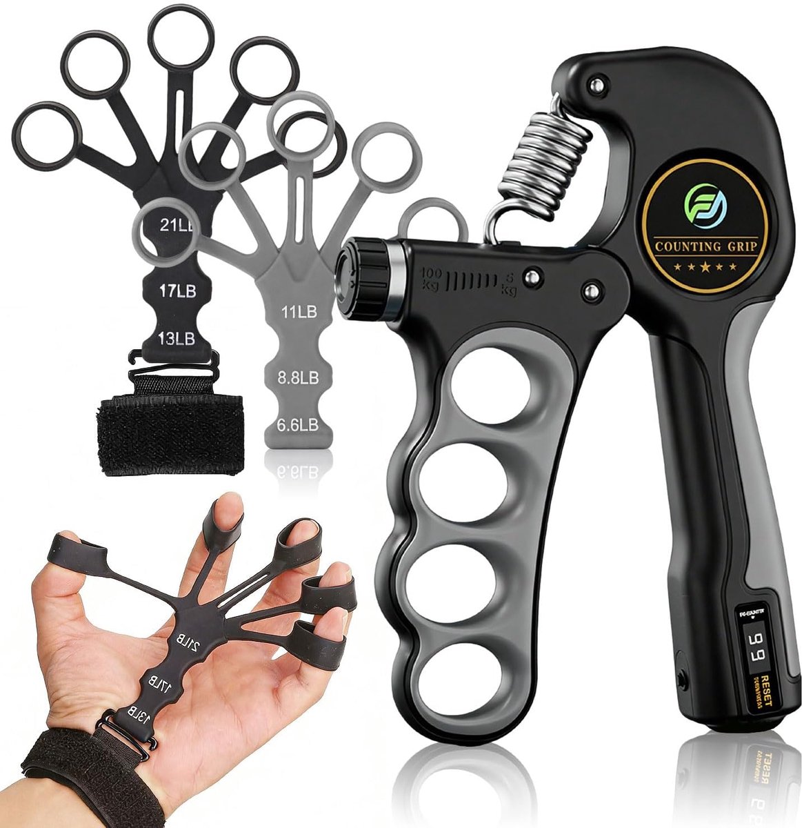 SnelShoppen - Grip Strength Trainer Handtrainer met 5-100 kg Weerstand, Vingerspieren Trainer, 3-delige Set met Polsband en 2 Kleuren, Ideaal voor Kan