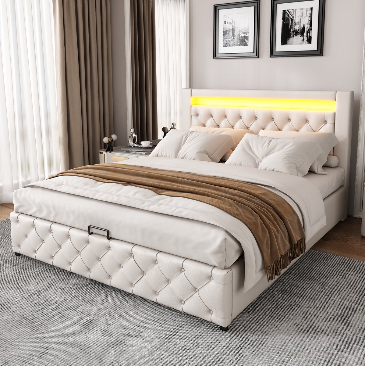 WUVRIE Gestoffeerd bed 160x200 cm met lattenbodem, opbergruimte en LED-verlichting, wit kunstleer