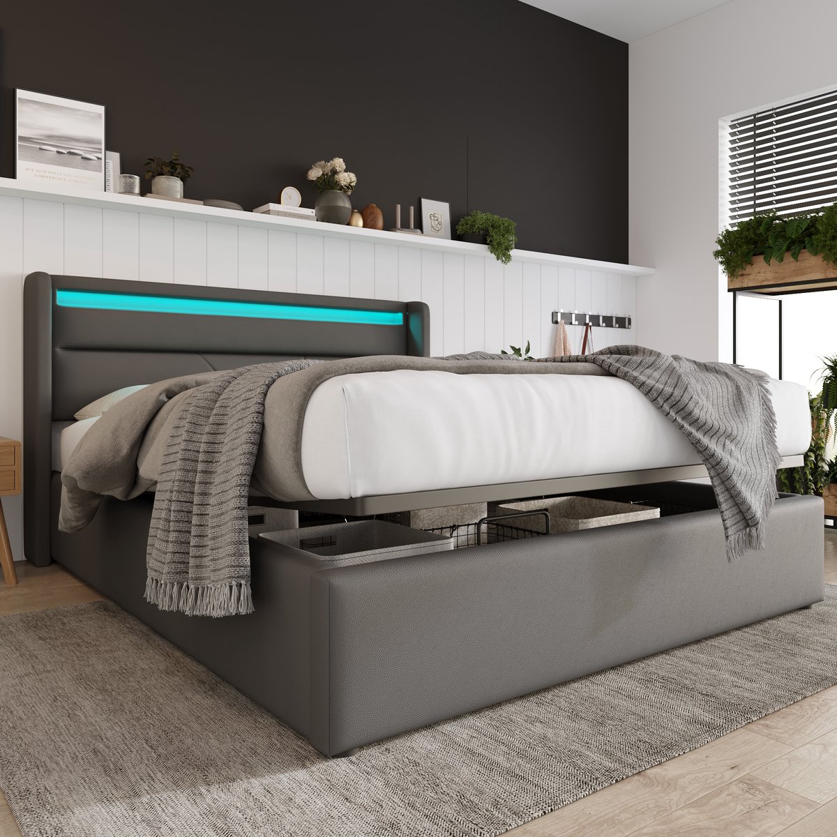 WUVRIE Tweepersoonsbed 160x200 cm met hydraulische opbergruimte, LED-verlichting en lattenbodem, grijs
