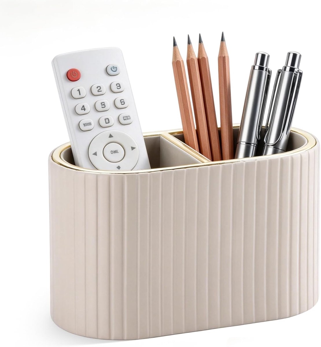 SnelShoppen - Bureau-organizer leer ovale pennenhouder multifunctionele pennenbox met 2 vakken voor kantoor, school en thuis - Bruin PU-leer 16,2 x 8,