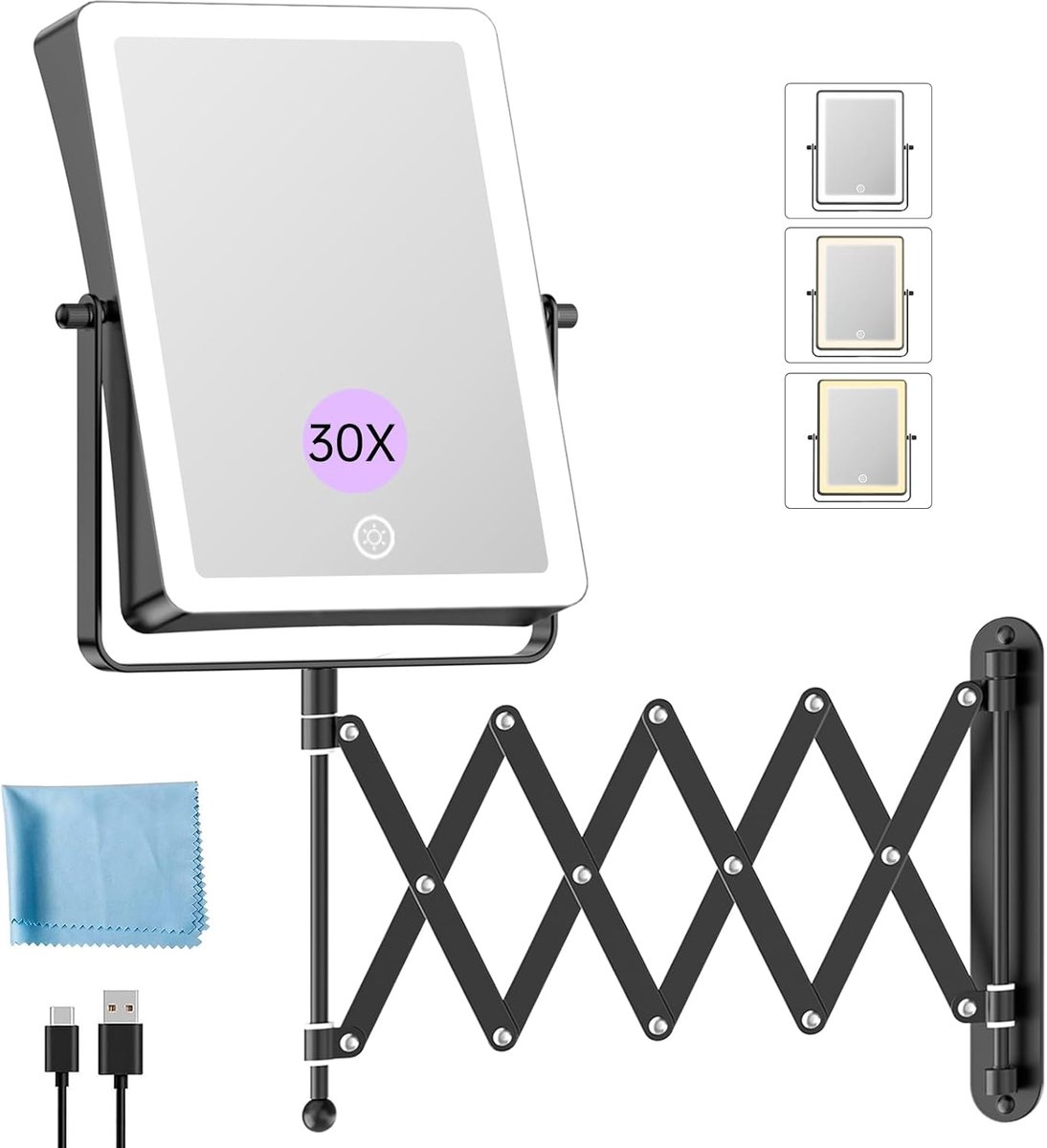 SnelShoppen - Oplaadbare LED Cosmetische Spiegel 22 cm - 1X/30X Vergroting - Wandmontage - Dimbare 3 Kleuren - 360° Rotatable - Zwart