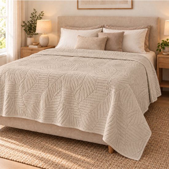 Lichtgewicht beige sprei met bladerpatroon, gestikt, op een bed met beige hoofdbord.