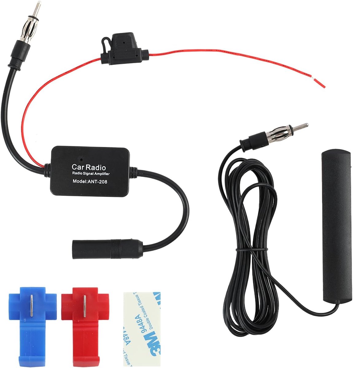 SnelShoppen - Universele Car Antenne met Versterker 12V voor Auto Radio FM AM DAB, 300 cm Kabel, DIN Adapter, MMIC Ruisfilter, Eenvoudige Installatie