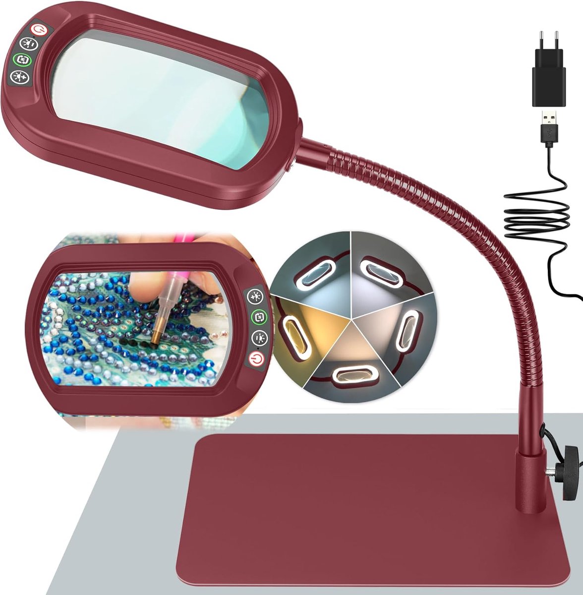 SnelShoppen - Vergrootglas met Licht en Standaard - Echt Glazen Loeplamp voor Lezen en Knutselen - 10X Vergroting - 5 Kleurmodi - Traploos Dimbaar - F