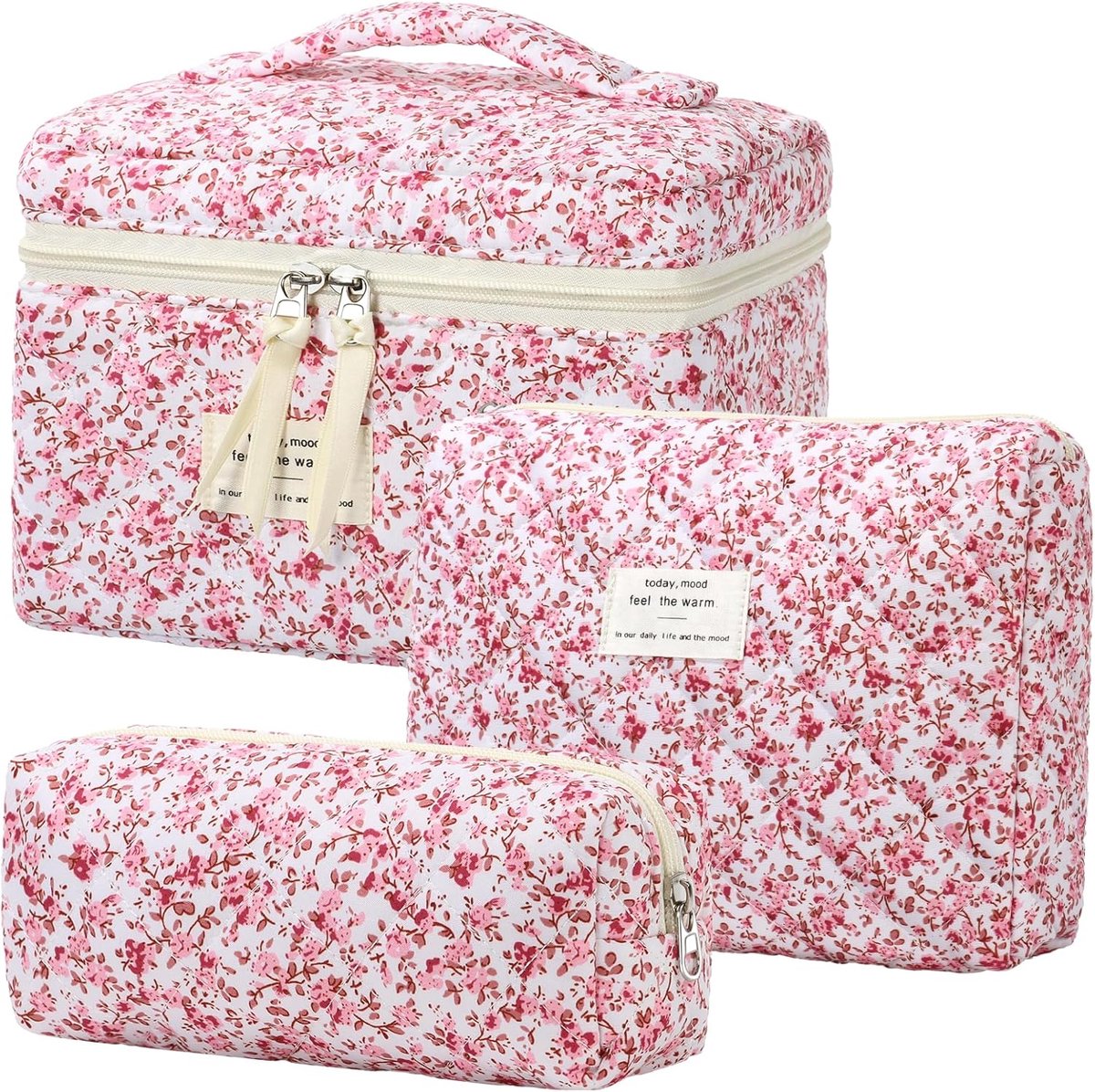 SnelShoppen - 3-delige Set Make-up en Cosmetica Tassen, Dames Toilettas, Reistas en Dagelijkse Tas | Bloemig, Minimalistisch, Perfect voor Reizen en D