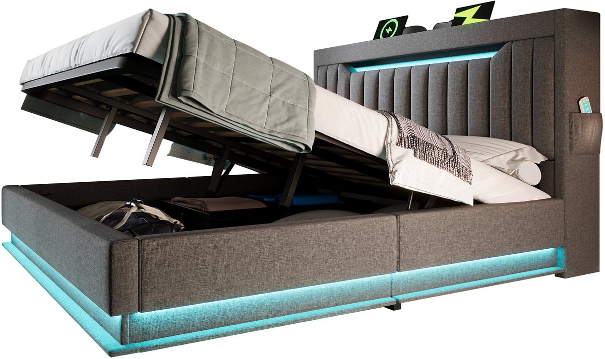 WUVRIE Gestoffeerd opbergbed 140x190 cm met LED, USB en Type-C, grijs