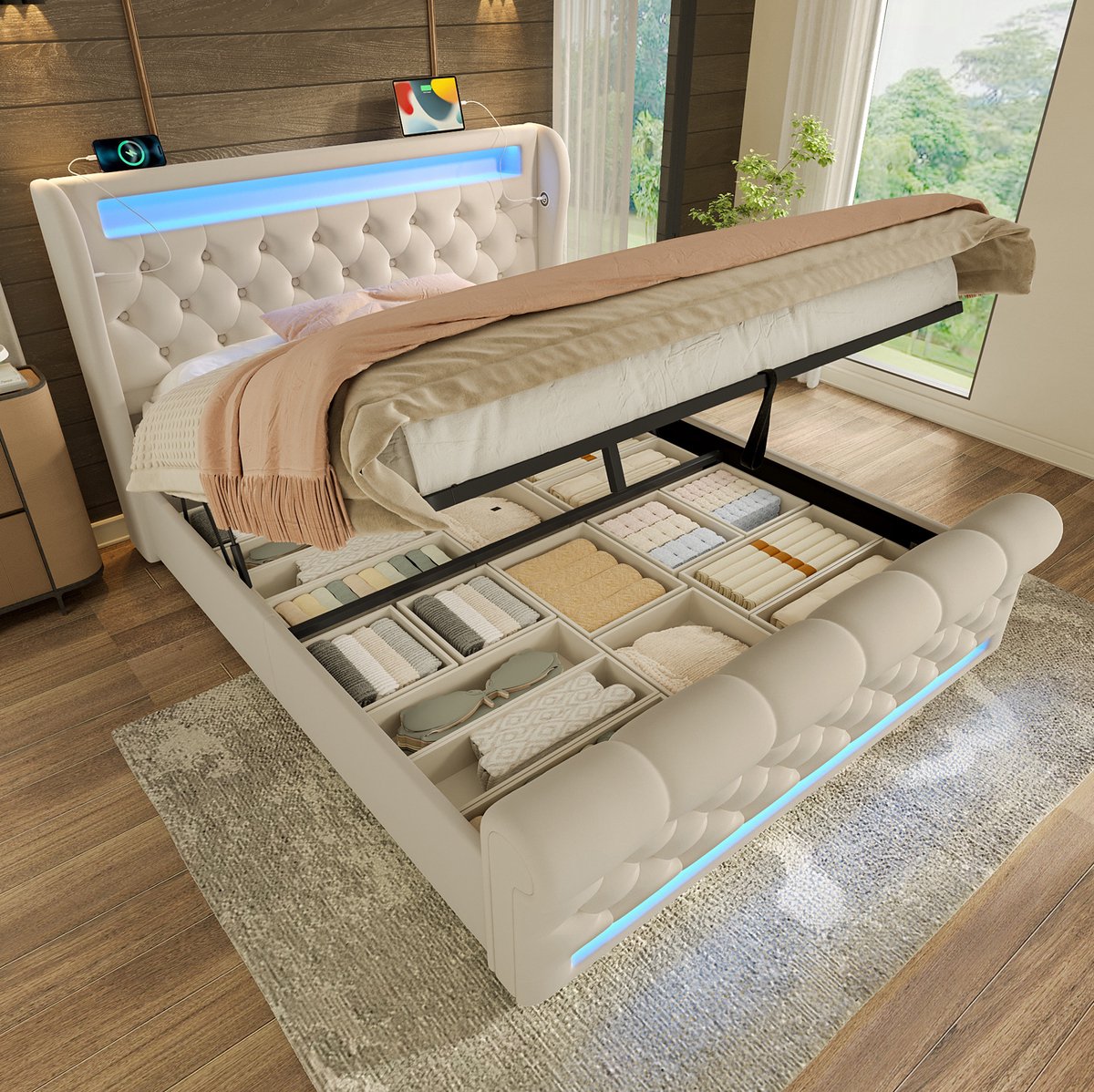 WUVRIE Tweepersoons opbergbed 140x190 cm met LED, USB en Type-C, velours bedframe in beige