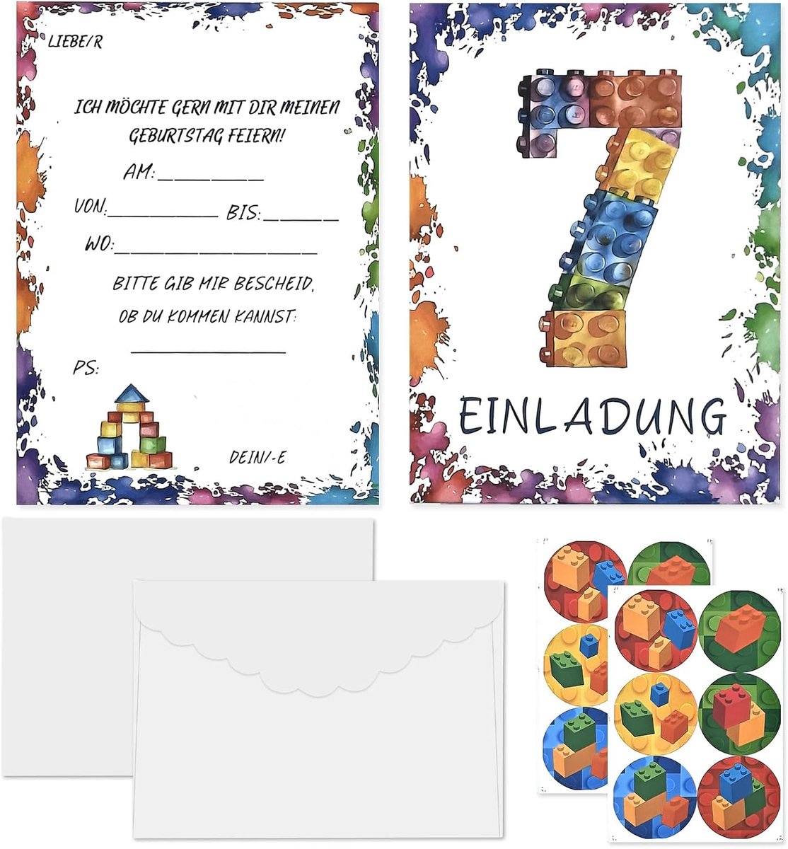 SnelShoppen - 12 Stuks Verjaardagsuitnodigingen 7e Verjaardag Kaarten voor Kinderen met Blokken, Incl. Enveloppen en Stickers, Feestuitnodigingen voor