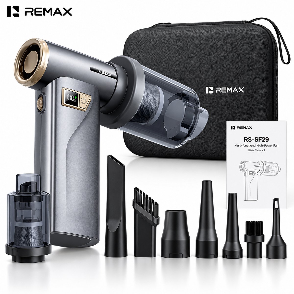 CL CHLIN REMAX 3-in-1 Air Duster & Turbo Fan – Draadloze Luchtblazer, Handstofzuiger en Luchtpomp – 180.000 RPM – 8000 mAh – 100W