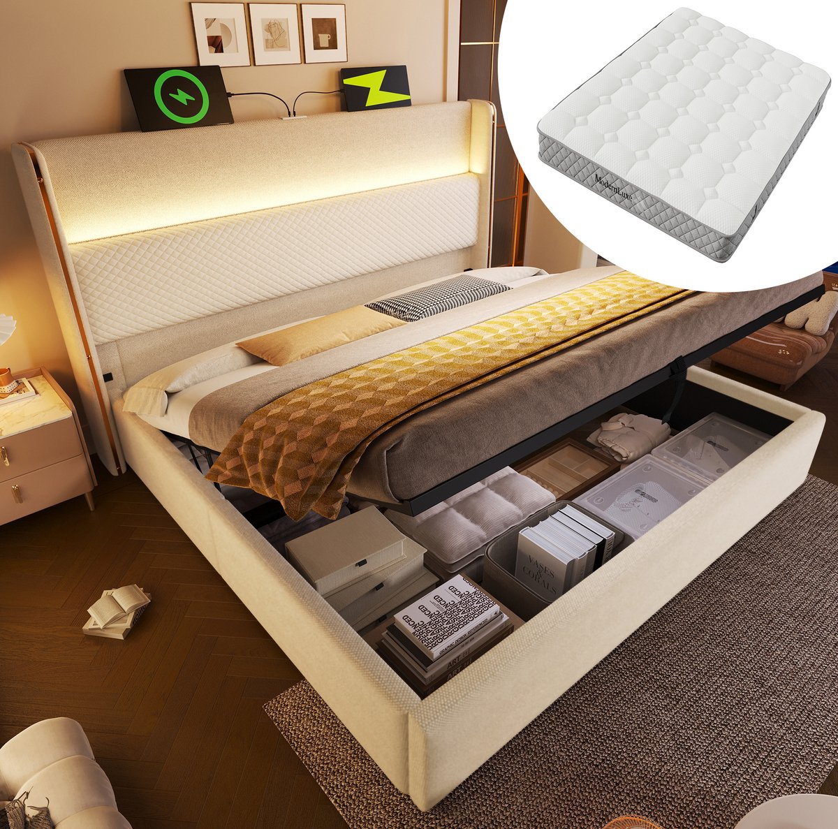 WUVRIE Hydraulisch opbergbed 160x200 cm met LED, USB/Type-C en H3-matras, beige