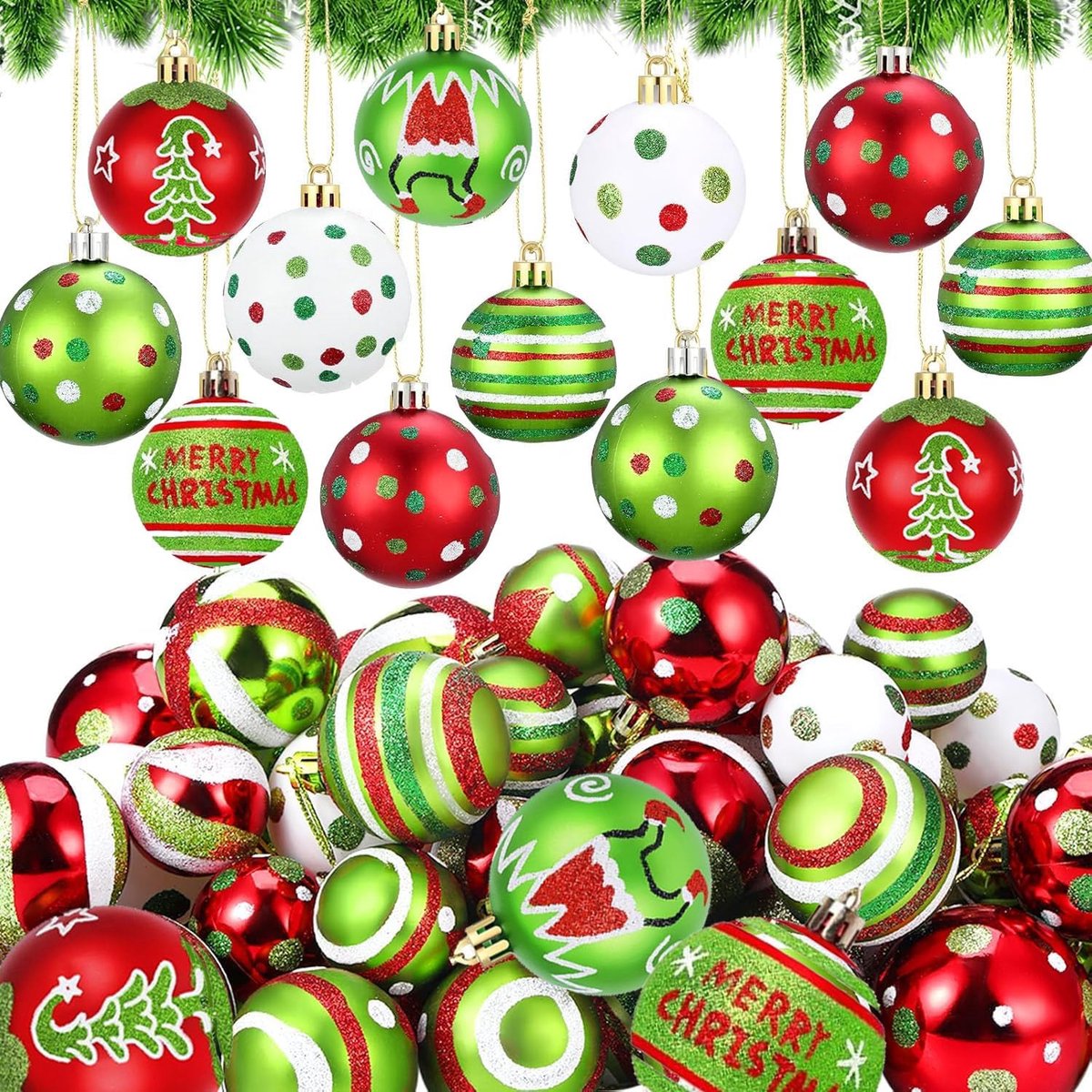 Kerstballen, 70 stuks, rood/wit, kunststof, onbreekbaar, kerstboomversiering, hangende boomversiering, set van 70 stuks