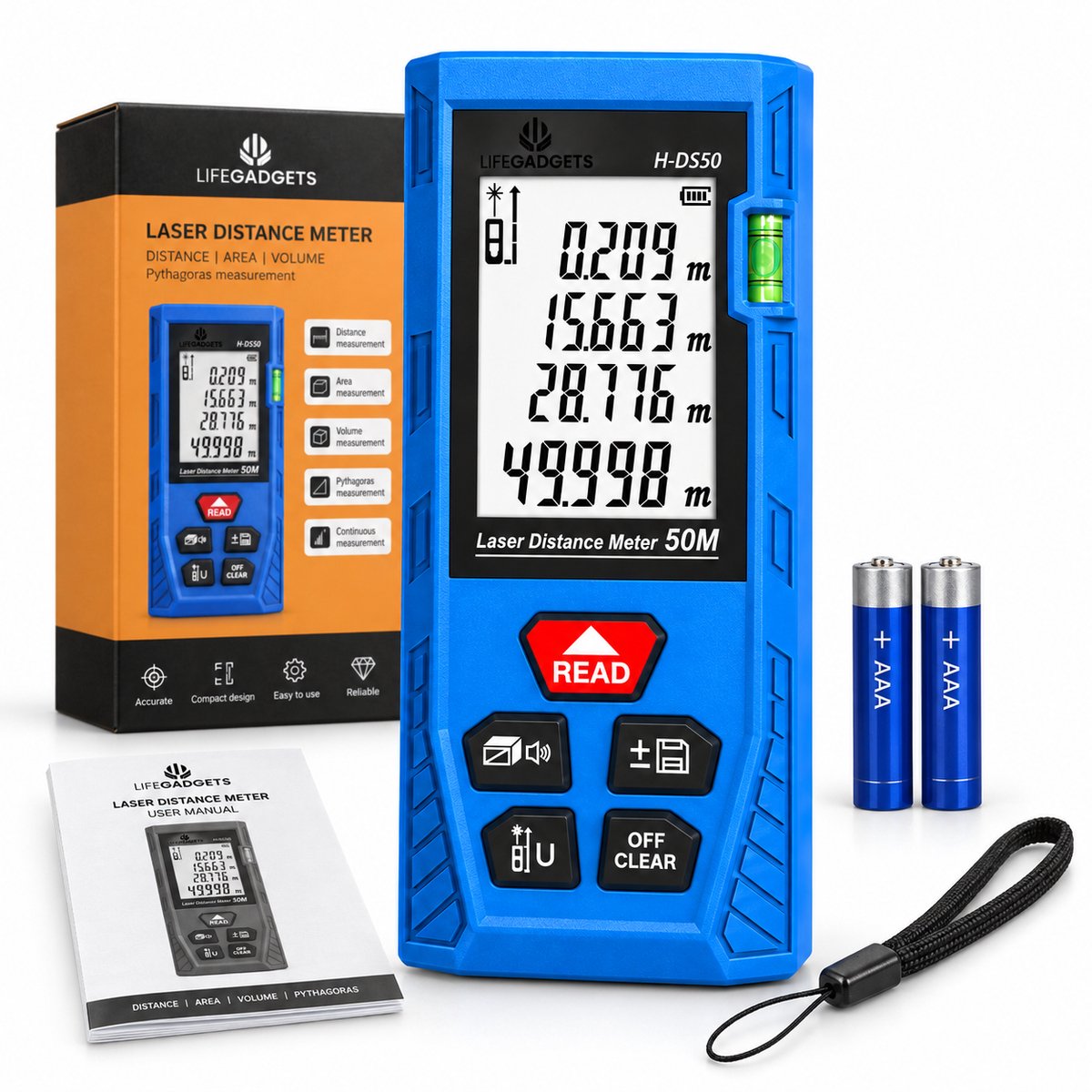 LifeGadgets Laserafstandsmeter 50 Meter – Digitale Afstandsmeter met Waterpas – Oppervlakte, Volume en Pythagoras – Geheugen voor 99 Metingen