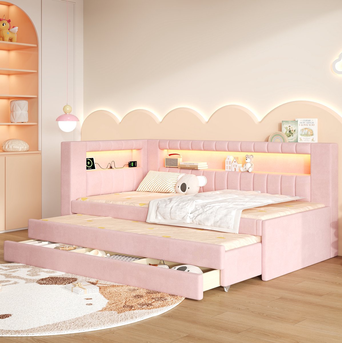 MODENUIT Bedbank – 90 x 200 Cm – Uitschuifbed Met Drie Lades – MDF En Stof – Roze – Ledverlichting En Usb-Aansluiting