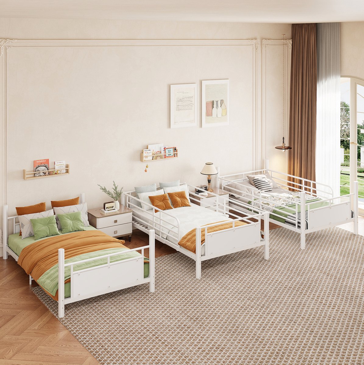 MODENUIT Kinderstapelbed – Drie Slaapplaatsen – 90 x 200 cm – Metaal en Hout – Wit – Deelbaar – Twee Ladders