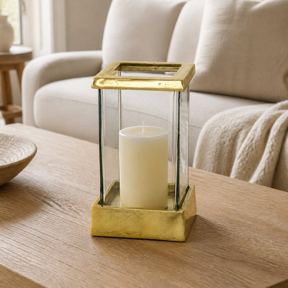 Hoppa! Windlicht - Vierkant Glazen - Goud/Transparant - 15 x 15 x 25 (B x D x H)