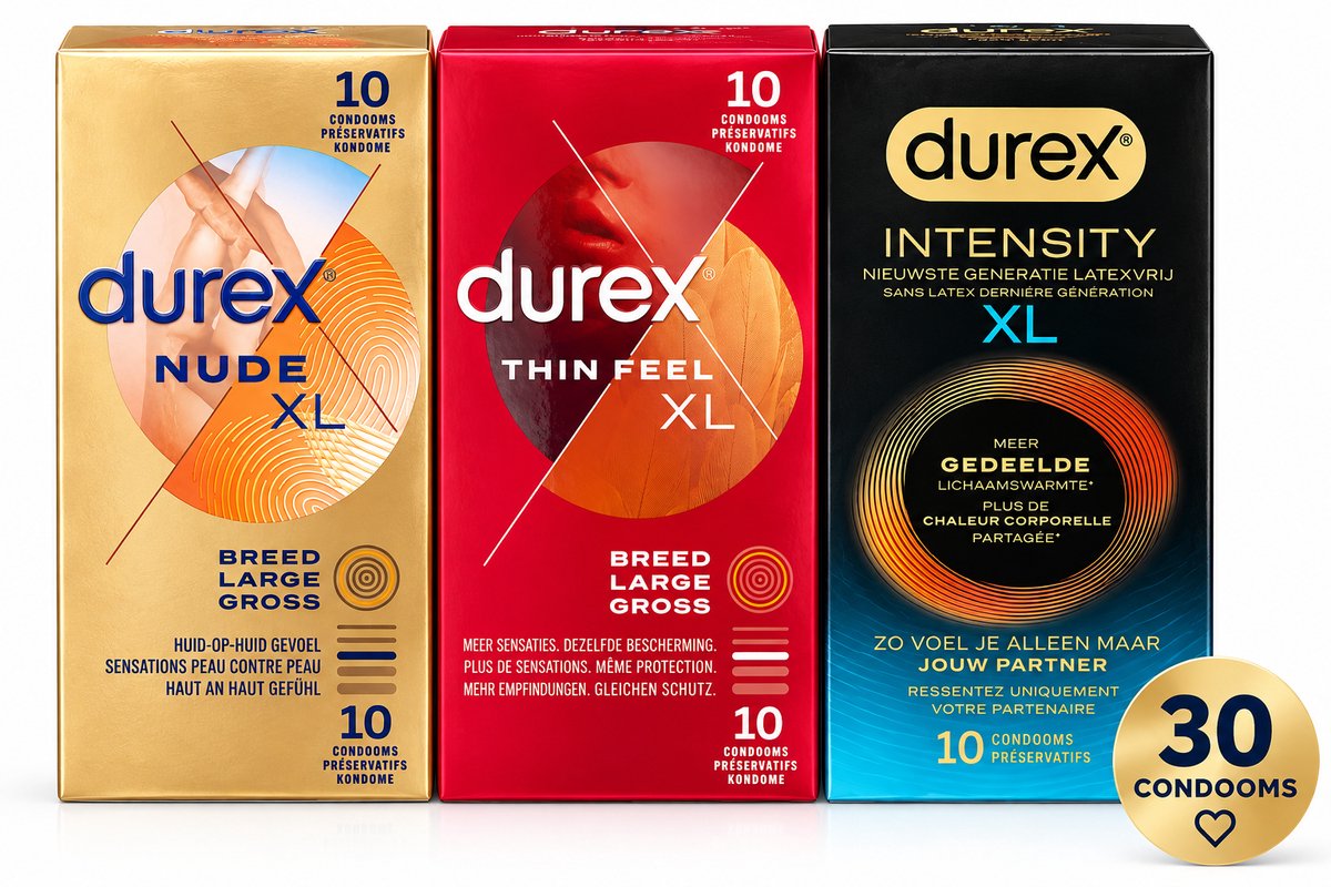 Durex XL Condoom Variatiebundel – Nude XL + Thin Feel XL + Intensity XL – 30 Condooms – 3x 10 Stuks