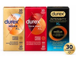 Durex XL Condoom Variatiebundel – Nude XL + Thin Feel XL + Intensity XL – 30 Condooms – 3x 10 Stuks
