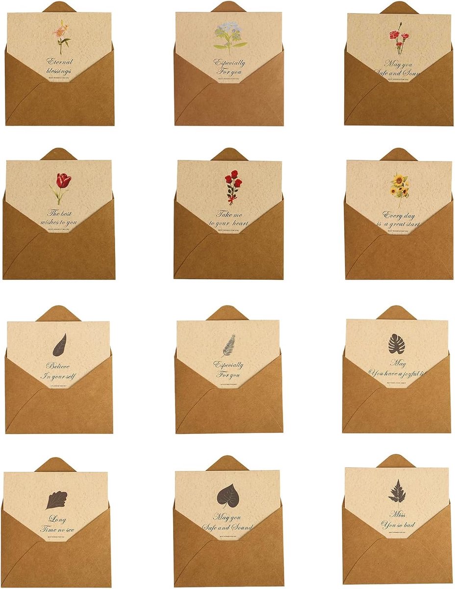 12 cadeaubonnen, bloemen, bladeren, wenskaart, bruiloft, met enveloppen en afdichtingen, harde kaart, wenskaart, verjaardag voor bruiloft, verjaardag, Kerstmis, oogstfeest, lerarendag