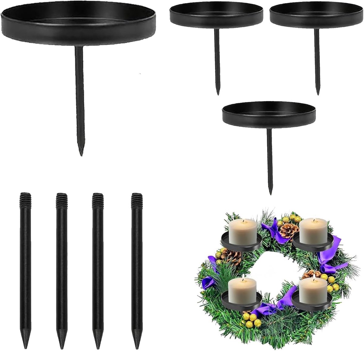 4 kandelaars voor adventskrans, kaarsenhouder van metaal, kerstkaarsenhouder, zwart, decoratief, cilindrische kandelaar, voor Kerstmis, tafeldecoratie, krans, huis, bruiloft