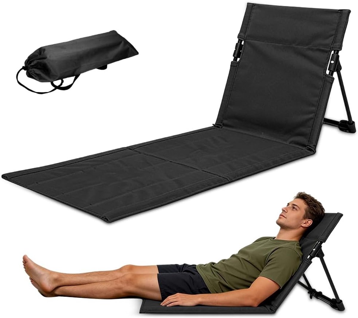Strandmat met rugleuning, inklapbare strandstoel, strandstoel, inklapbaar, licht, vloerstoel, outdoor, voor camping, tuin, concerten, picknick, wandelen, achtertuin (lange versie