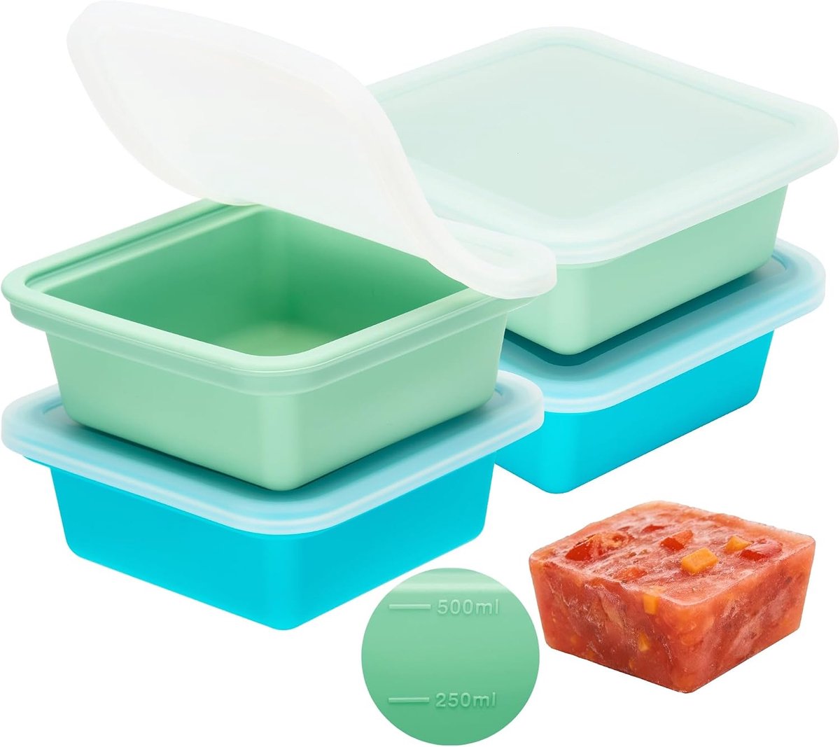 Set van 4 siliconen vriesvormen met deksel, elk 500 ml (2 cups), vriescontainer voor soep, stoofschotels, sauzen, meal prep en grote ijsblokjes, BPA-vrij, voedselveilig, stapelbaar