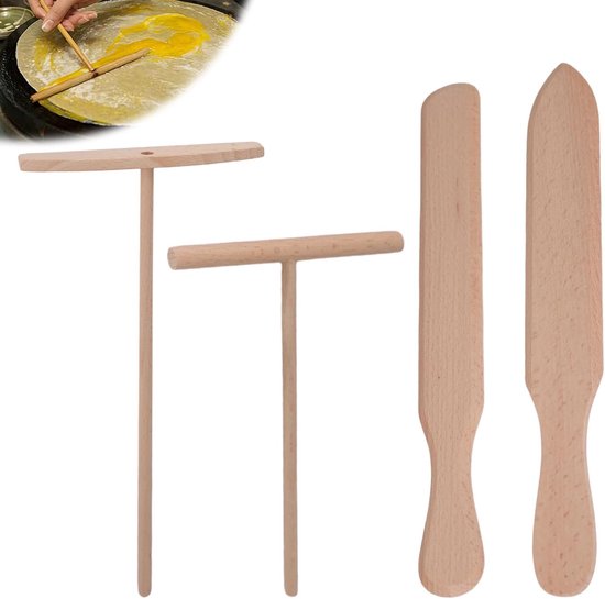 4 stuks houten pannenkoeken, pannenkoekentrekker deegdispenser T-spreider deeg schraper keuken accessoires voor pannenkoeken, pizza-bakgereedschap — afbeelding 5