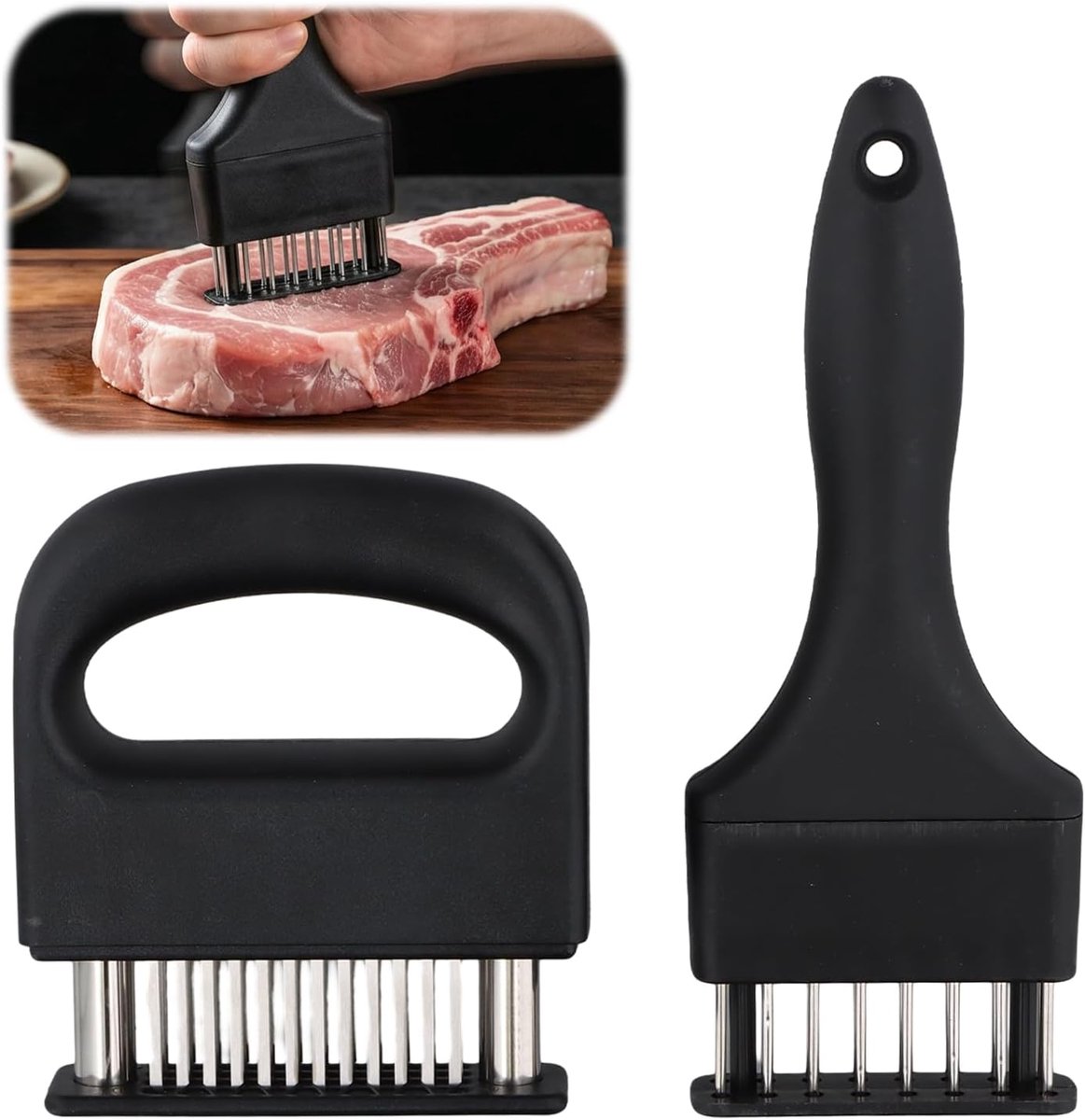 2 stuks vleesmalser gereedschap, 48-pins en 16-pins roestvrijstalen ultrascherpe naaldmessen, steak malser voor kip, rundvlees, varkensvlees, vis, lam, kalkoen, barbecue, marinade - zwart