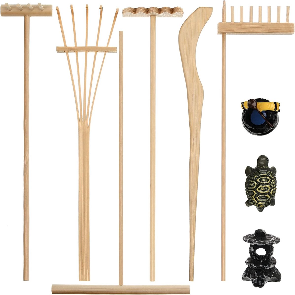 9 Stuks Mini Zen Tuin Zandbak Kit - Bamboe Hark Gereedschap en Accessoires Met Beeldjes Voor Desktop Meditatie en Tafel Decor