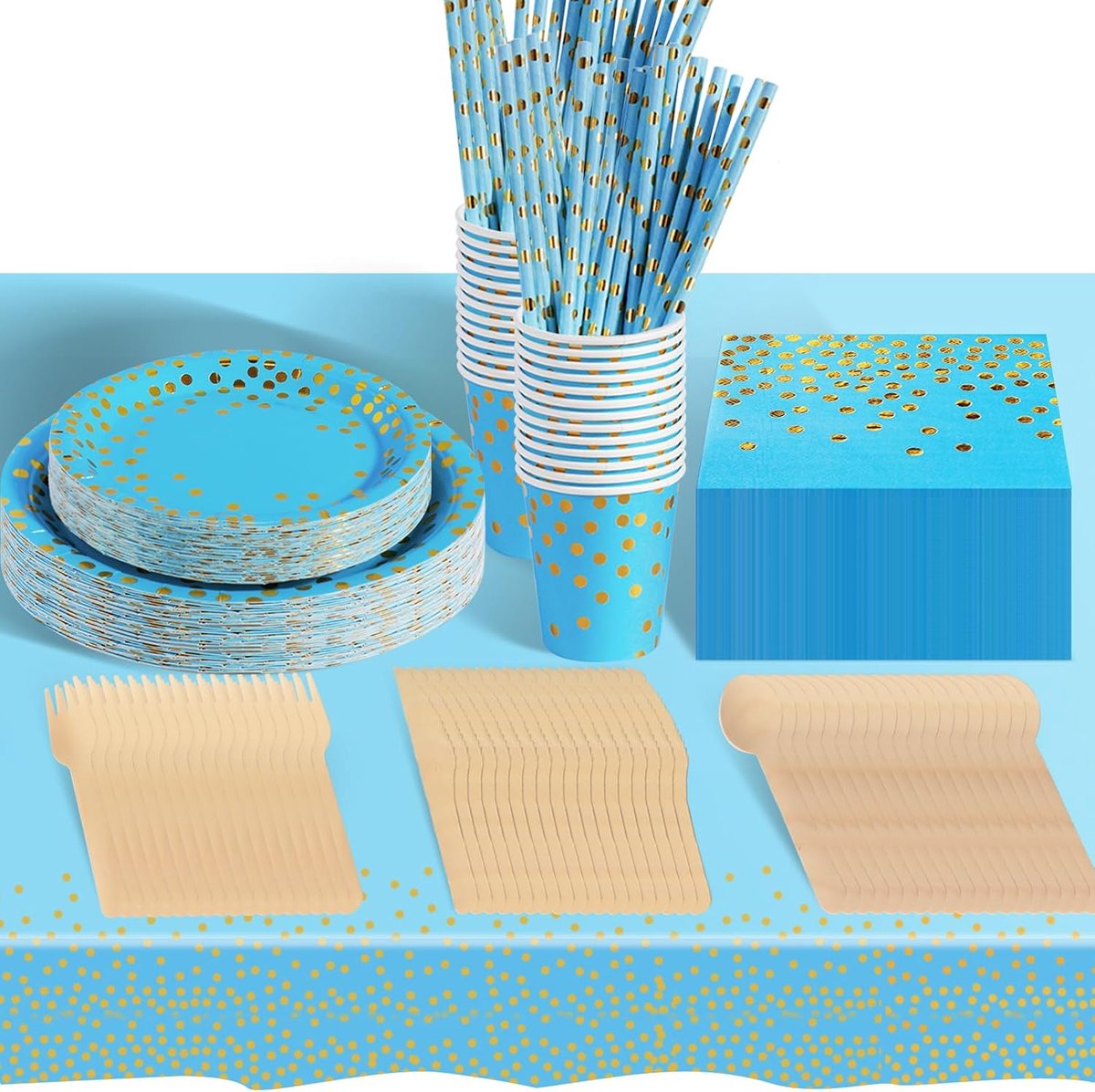 Hailstones Verjaardagsfeestservies, 226-delig, lichtblauw, feestborden, verjaardag, set inclusief wegwerpborden, papier, kopjes, servetten voor feest, decoratie, babyshower, 25 gasten