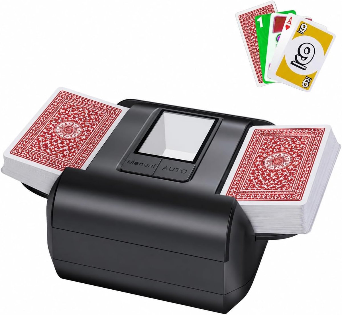 Kaartenmixer, elektrische automatische kaartenmixer, 2000 mAh USB-C snel opladen, geluidsarm en auto/handmatige modus, voor poker, UNO, fase 10, blackjack (1-2 decks)