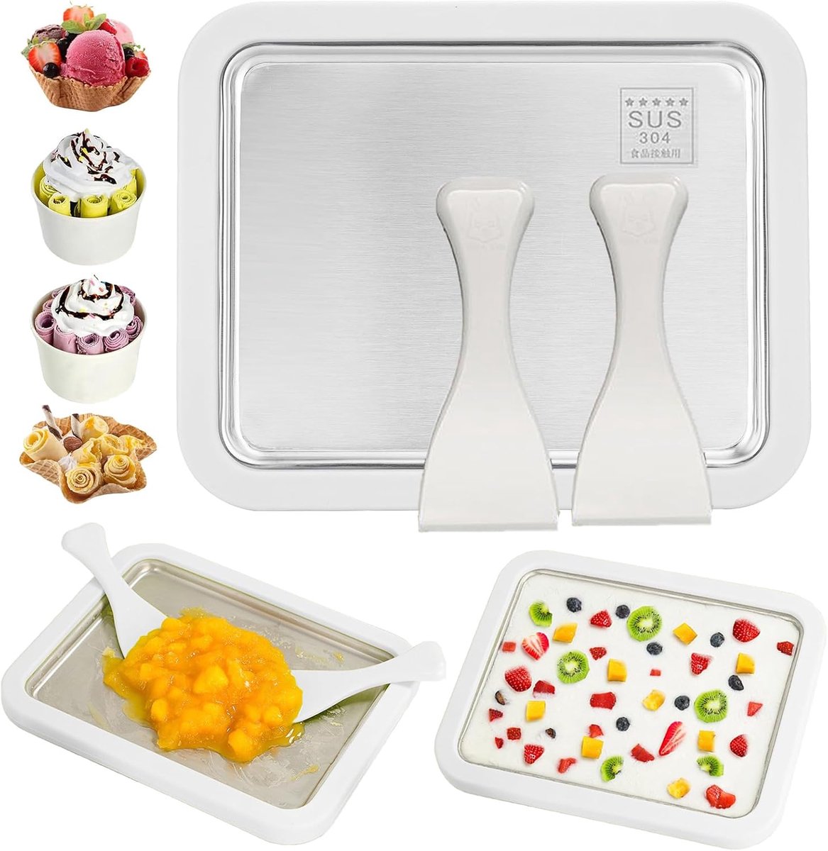 Maker Set met 2 Spatels, Instant IJsmachine, DIY IJsrol Pan voor Volwassenen en Kinderen, Zelfgemaakt Gerold IJs, Bevroren Yoghurt, Gelato, Sorbet Maken (Wit, 22,5 * 17,5 CM)