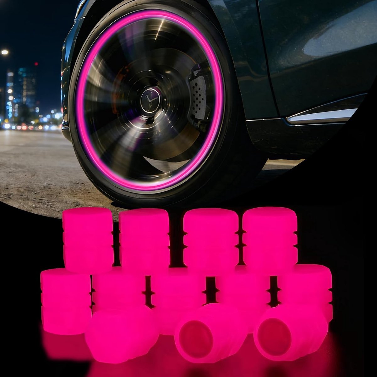 Ventieldoppen, oplichtende ventieldoppen voor de auto, fluorescerende ventieldoppen, universele fluorescerende ventieldoppen, lichtgevend autobandenventiel voor auto's (roze)