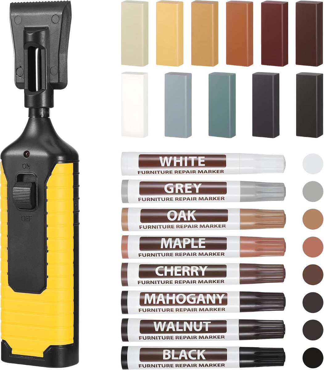 Laminaat-reparatieset, 11 kleuren hardwas reparatieset, parket-reparatieset met 8 reparatiestiften, tegel-reparatieset tegen krassen, hout-reparatieset voor PVC-vloerbedekking