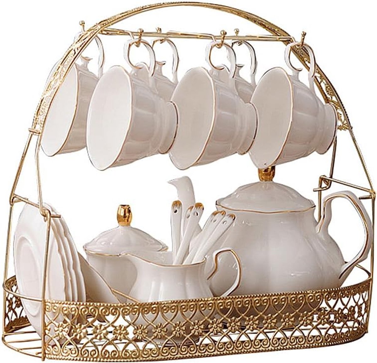 Fanquare 15-delige witte keramische theeset, theeservies, beenporseleinen kopjes voor volwassenen, bijpassende lepel, middagthee koffieset