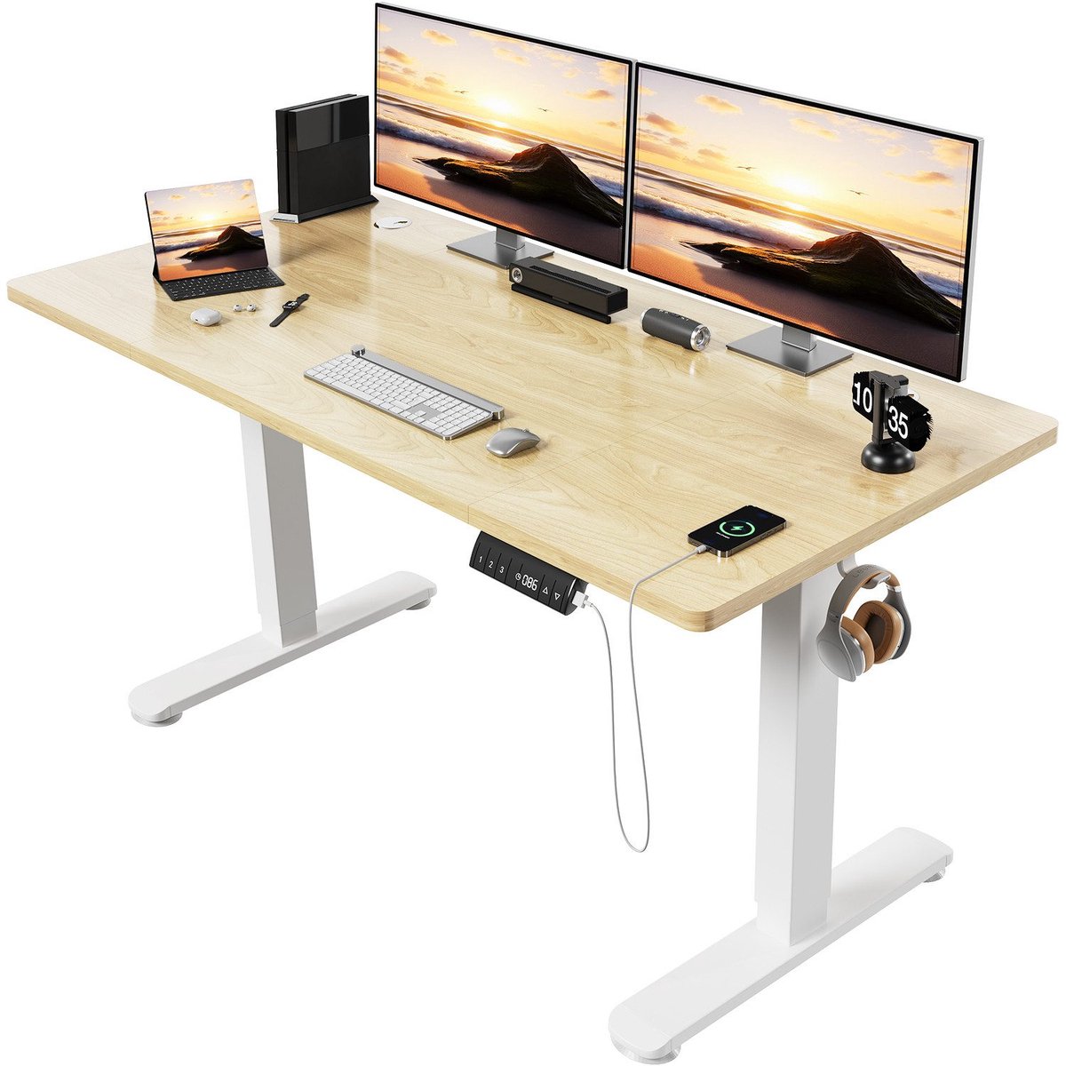 Devoko Elektrisch Verstelbaar Zit-Sta Bureau 140 × 70 cm – 18 mm Dik Tafelblad – Hoogte 72–118 cm – 3 Geheugenstanden en LED-Display – 4000 TPM Stille Motor – Draagvermogen 80 kg – Beige
