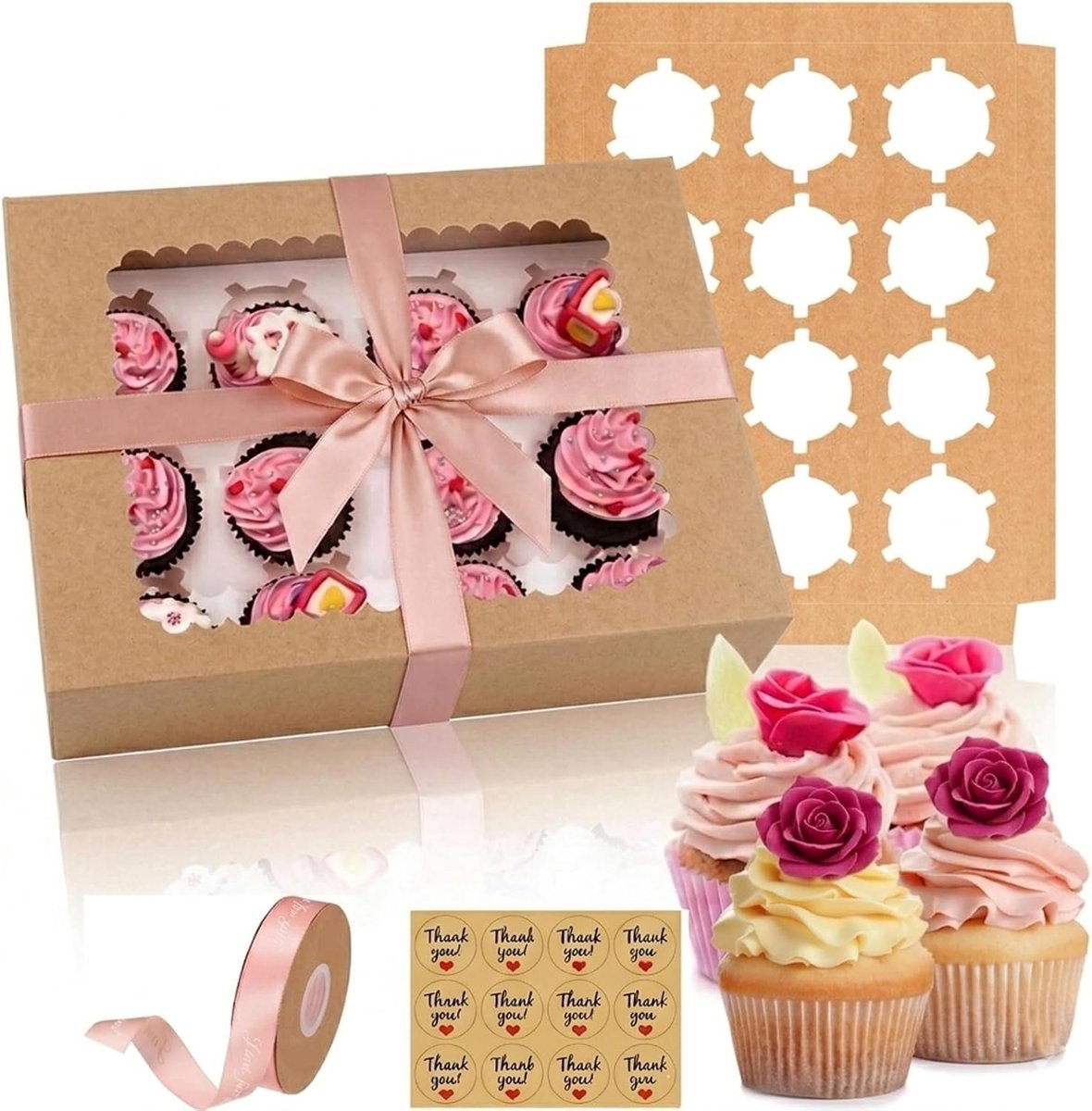 Set van 10 cupcakevormpjes, cupcake- en muffinvormpjes, taartvormpjes, voor cadeaus en zelfgebakken taarten, met doorzichtig venster voor decoratieve cupcakes en muffins (10, Bruin, 32.5x25x9 cm)