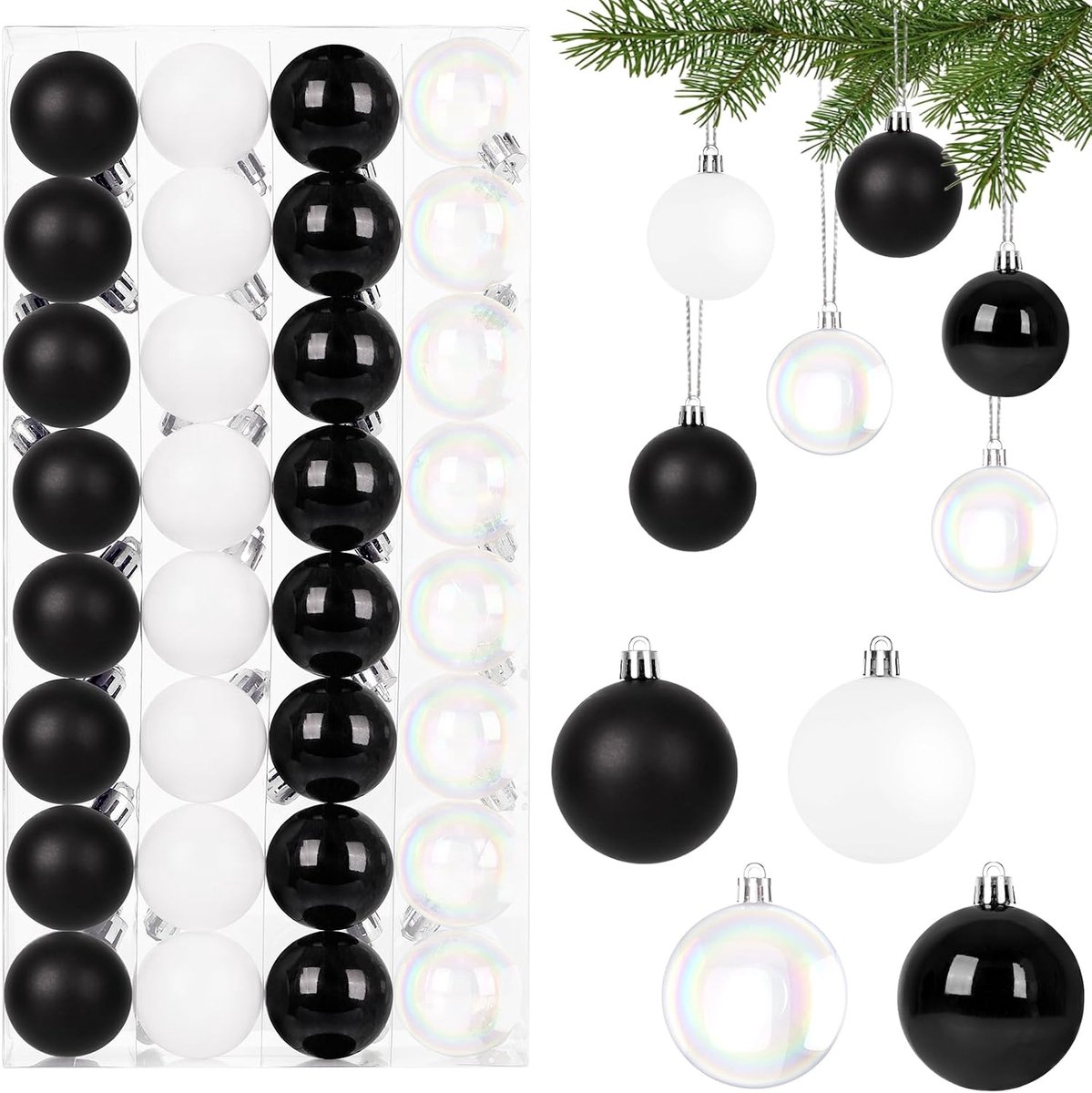 Kerstballen Set, 4 cm Kerstboomballen Kunststof Zwart & Wit Kerstboomballen Onbreekbare Kerstdecoratie met Ophanghaakje Kerstdecoratie Ballen