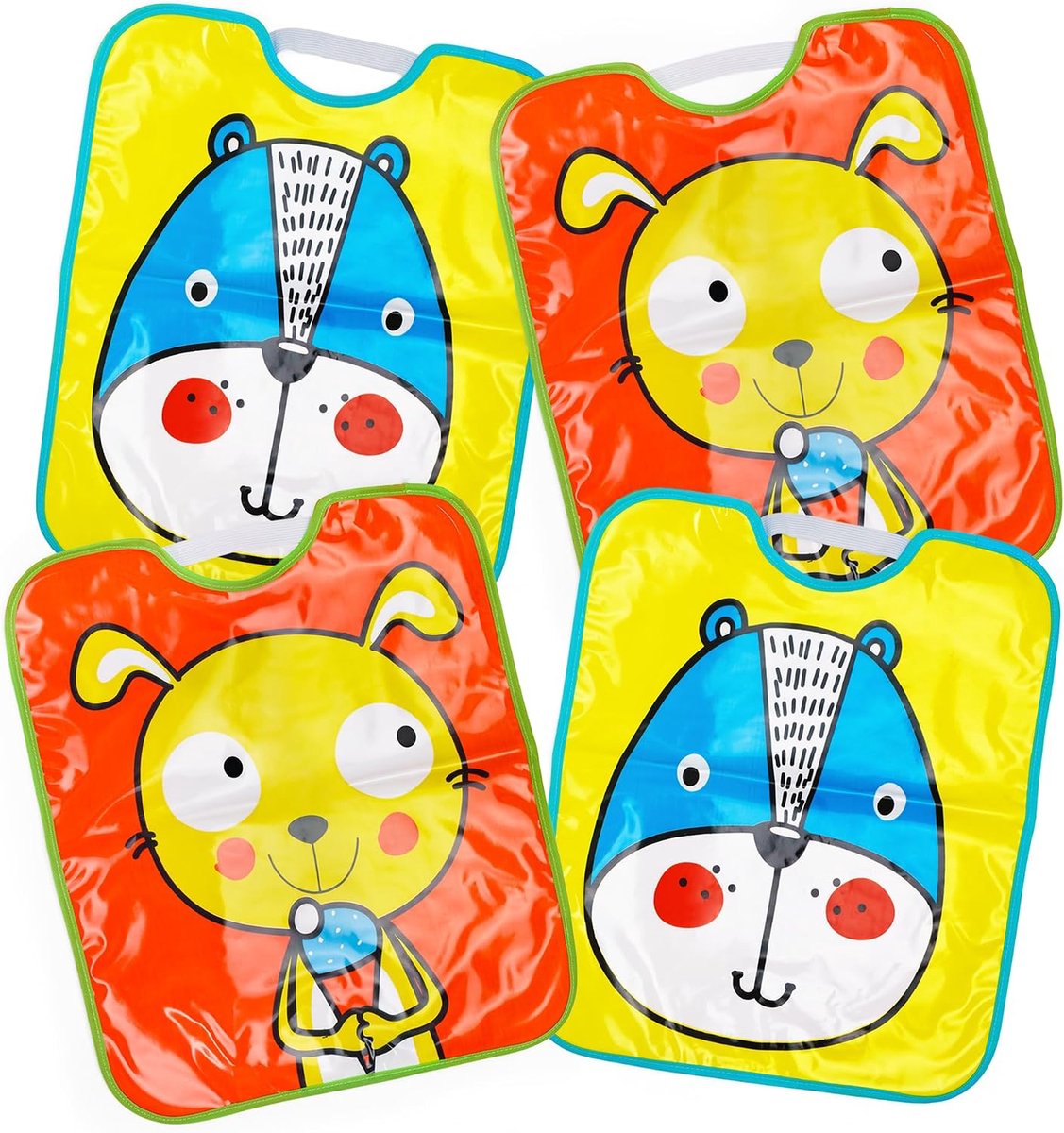 Pak van 4 waterdichte slabbetjes van 100% vinyl, 32 x 35 cm, slabbetje met elastische sluiting, voor baby's en kinderen jaar, set met kleurrijke prints en grappige tekeningen