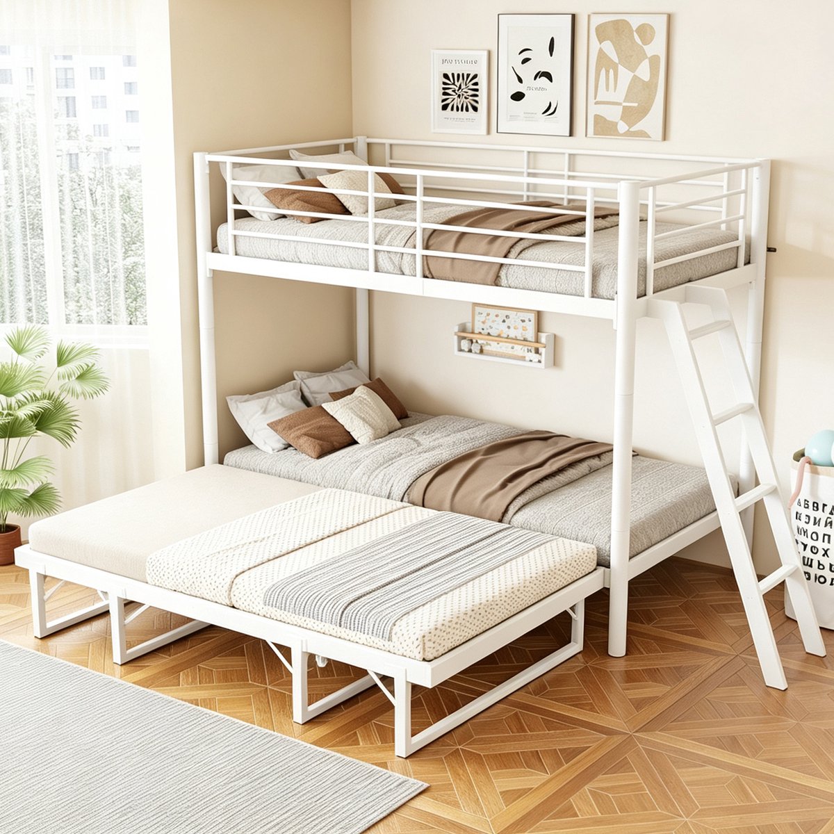 VVBV Stapelbed 90x200 – Metalen Stapelbed met Uitschuifbed – Zonder Matras – Modern Design – Metalen Frame – Voor Slaapkamer – Wit