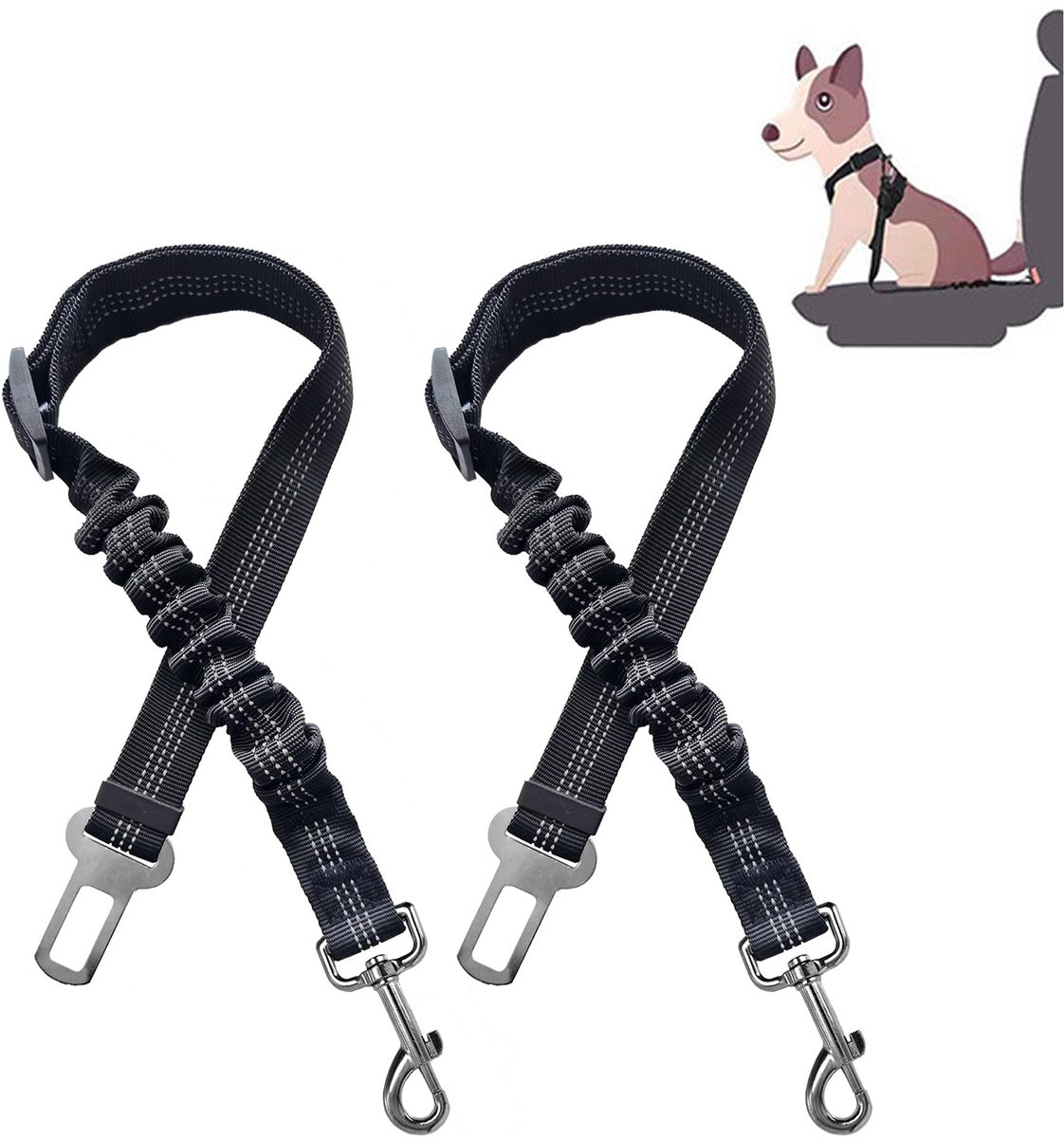 Hondenveiligheidsgordel voor honden - 2 stuks autoveiligheidsgordels - verstelbaar - met schokdemping en karabijnhaak - veiligheidsgordel voor honden en katten - 50-70 cm