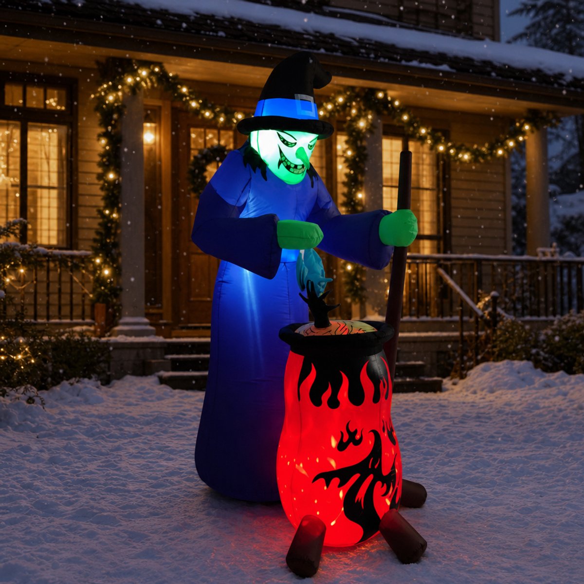 Opblaasbare Halloween-heks in ketel met bezem - 240 cm hoog - met witte LED-verlichting - Halloween-decoratie voor tuin & buiten - incl. grondpennen