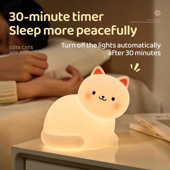 Kinder Nachtlampje Kat - Nachtlampje Baby - Met aanraaksensor - Veilig voor kinderen - USB Oplaadbaar - Dimbaar - LED - Siliconen - 7 kleuren - Oplaadbaar nachtlampje - Draadloos - Timer 30 minuten — afbeelding 4