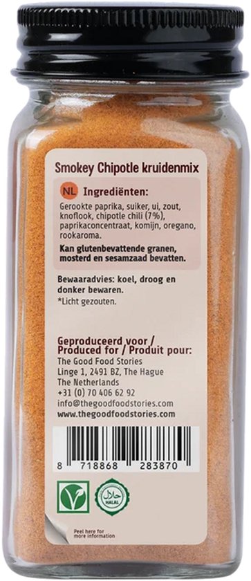 Achterkant van glazen pot met Smokey Chipotle kruidenmix, inclusief ingrediënten, barcodes en contactgegevens.